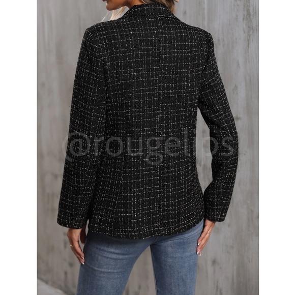 Classic Tweed Double Breasted Black Blazer Jacket Long Sleeve - Picture 6 of 9